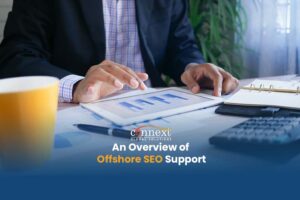 Offshore SEO Support bar graph man typing tablet corporate office