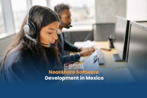 Nearshore Software Development in Mexico latina with headphones in office