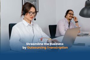 Streamline the business by outsourcing transcription woman and man using laptop typing and transcribing