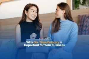 Why on-time delivery is important for your business women asian caucasian in corporate office attire talking with laptop