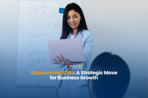 Outsourcing-Sales-Development-Representatives-SDRs-A-Strategic-Move-for-Business-Growth-asian-woman-in-corporate-attire-holding-laptop-with-whiteboard