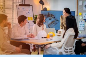 Architects, engineers and cost estimators in an office meeting