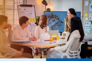 people in corporate attire interacting and brainstorming in an office meeting