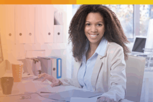 Smiling remote team member conducting a technical interview from a secure workspace