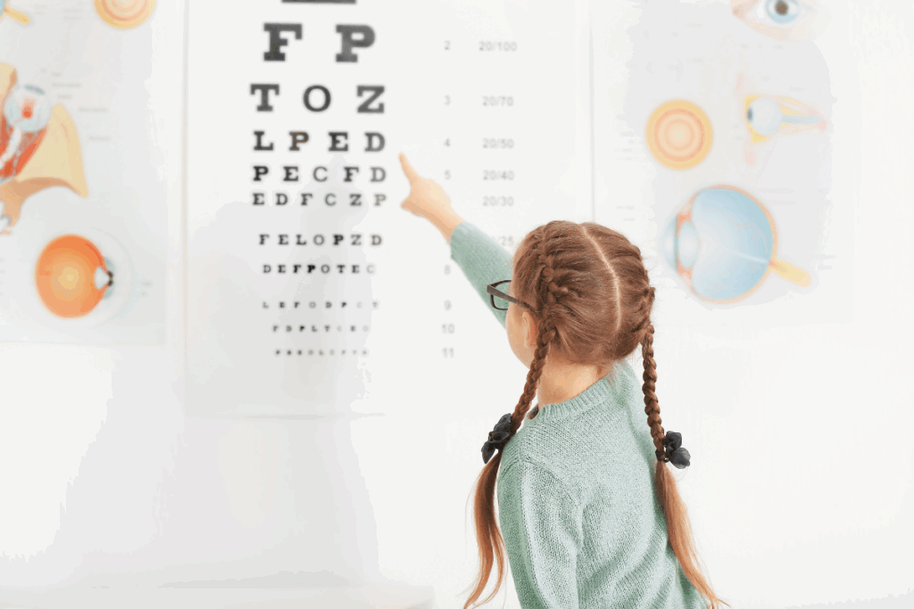 Young girl with glasses pointing at an eye chart during a vision test at an eye clinic.