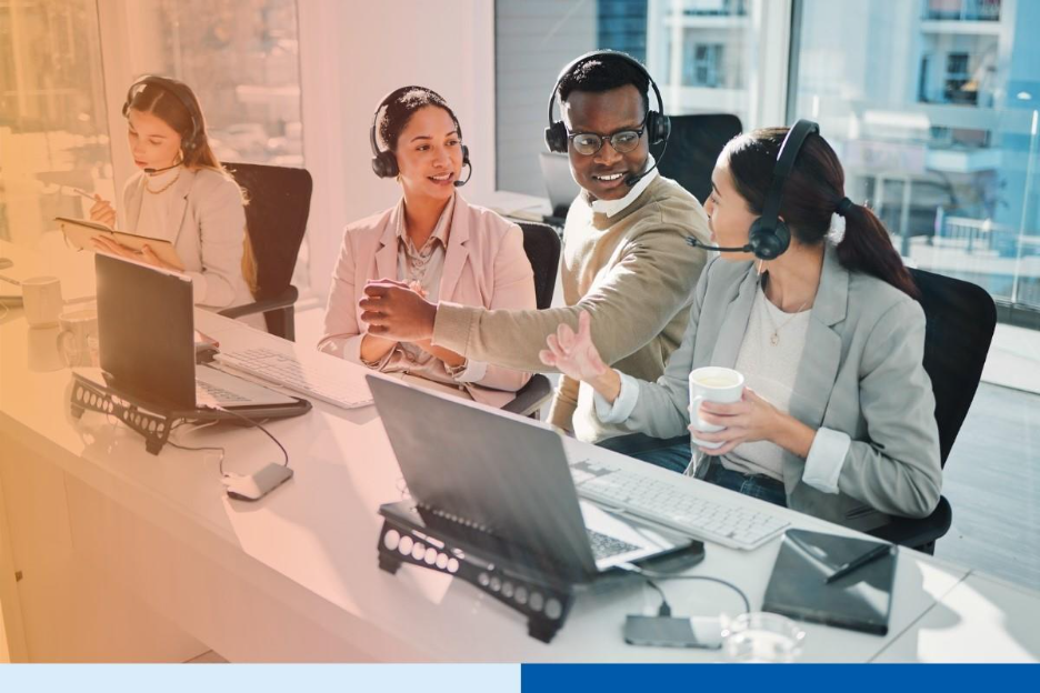 Call center, staff group and talk at help desk with laptop, telemarketing or voip tech with problem