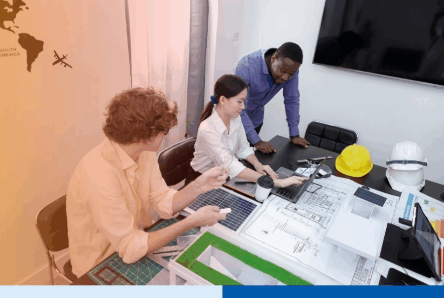Team of professionals working together with blueprints, laptops, and financial documents, symbolizing collaboration in accounting or financial management for mining projects