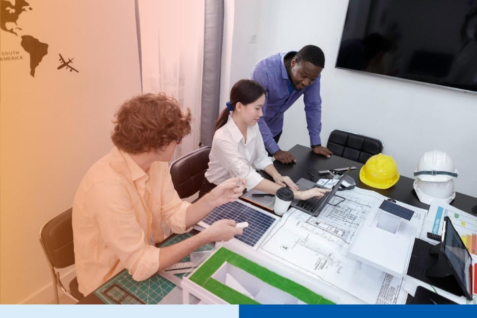 Team of professionals working together with blueprints, laptops, and financial documents, symbolizing collaboration in accounting or financial management for mining projects