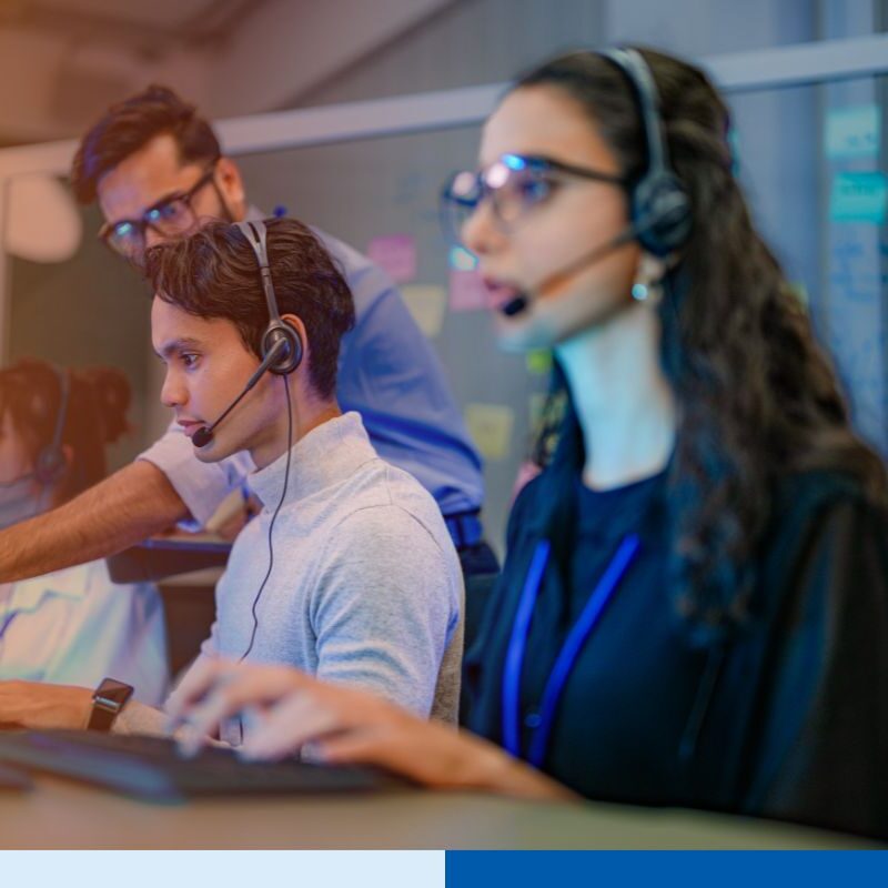 A team of call center agents in Colombia working together.