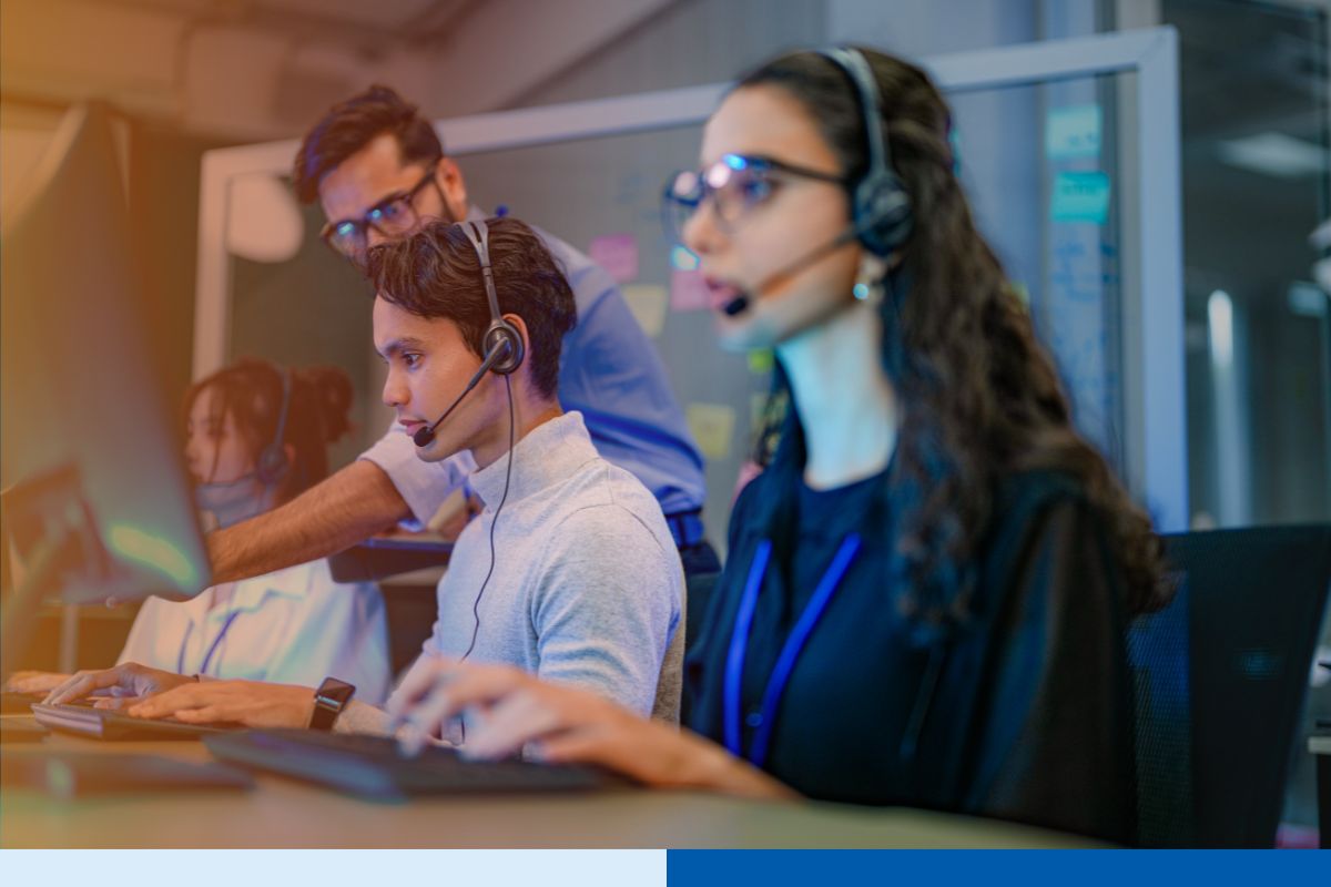 A team of call center agents in Colombia working together.