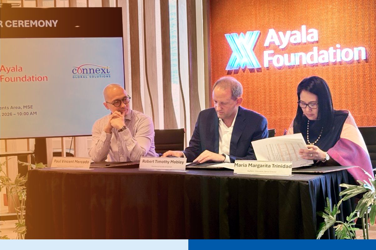 Connext and Ayala Foundation signing ceremony, April 17, 2026. Left to right: Paul Vincent Mercado, Tim Mobley, Maria Margarita Trinidad.