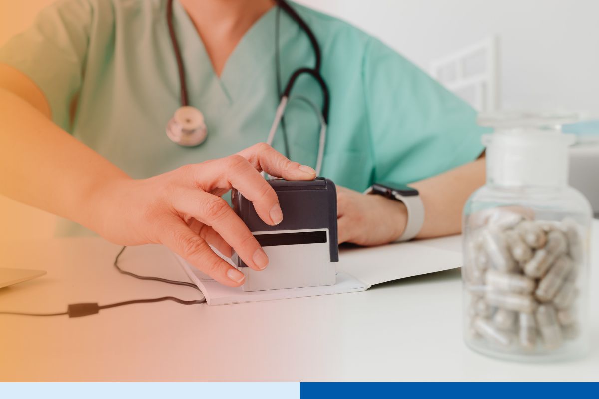 A healthcare professional in green scrubs stamps a medical document at a desk, illustrating Build-Operate-Transfer (BOT) solutions for healthcare and finance back-office processes.