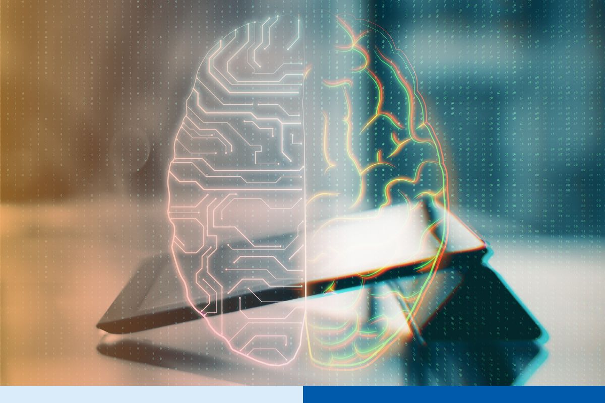 Close-up of a tablet displaying a glowing circuit-pattern brain graphic, representing digital IP and data protection