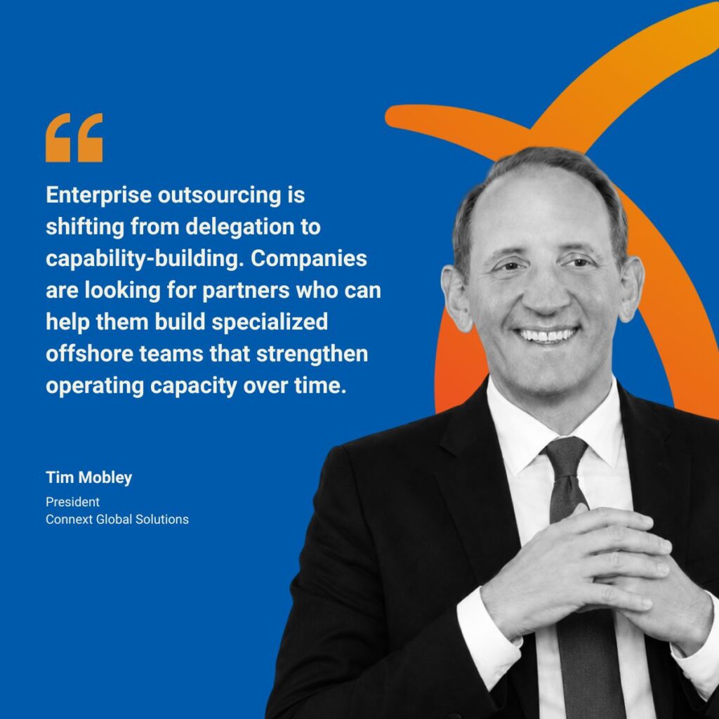 Quote graphic of Tim Mobley on building specialized offshore teams.