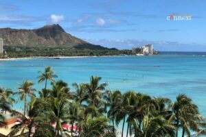 Scenic view of Waikiki Beach with turquoise ocean, palm trees, and Diamond Head in the background.