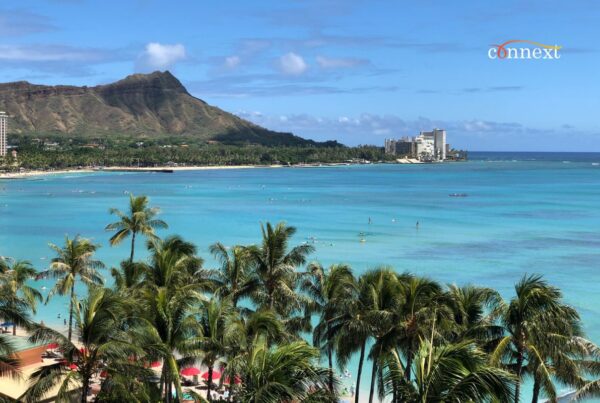 Scenic view of Waikiki Beach with turquoise ocean, palm trees, and Diamond Head in the background.