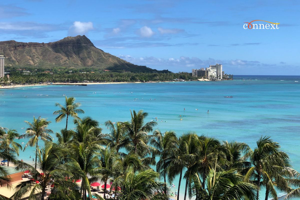 Scenic view of Waikiki Beach with turquoise ocean, palm trees, and Diamond Head in the background.