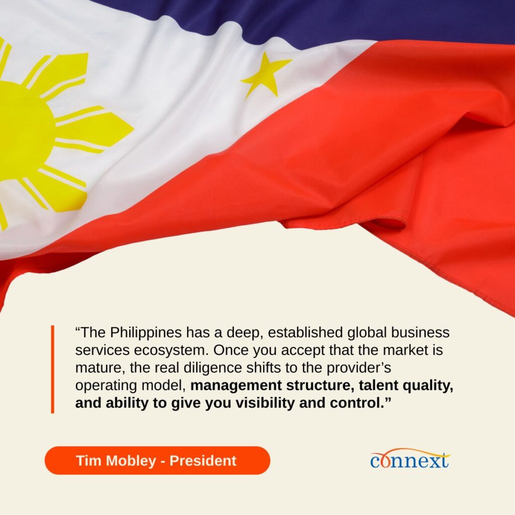 Graphic featuring the Philippine flag above a quote from Tim Mobley, President of Connext.