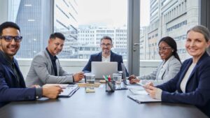 A diverse business team meeting around a conference table in a modern office with city views.