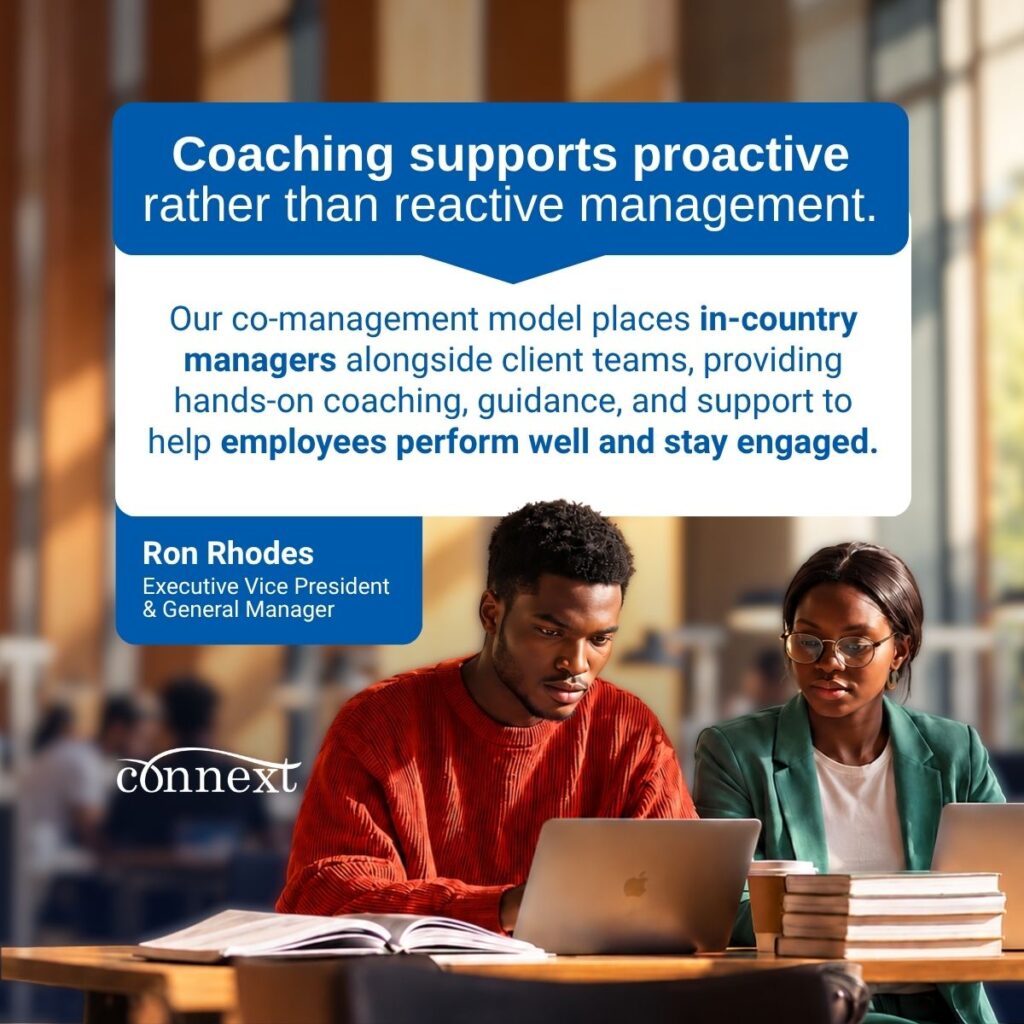 Connext quote graphic featuring Ron Rhodes, Executive Vice President & General Manager, highlighting how proactive coaching supports employee performance and engagement.